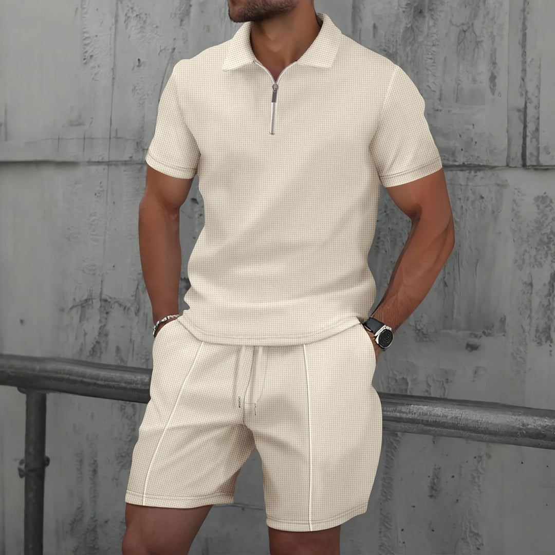Herren Zweiteiler Sommer-Outfit mit Strukturmuster: Kurzarmshirt & Shorts, stilvoll & bequem für Freizeit.