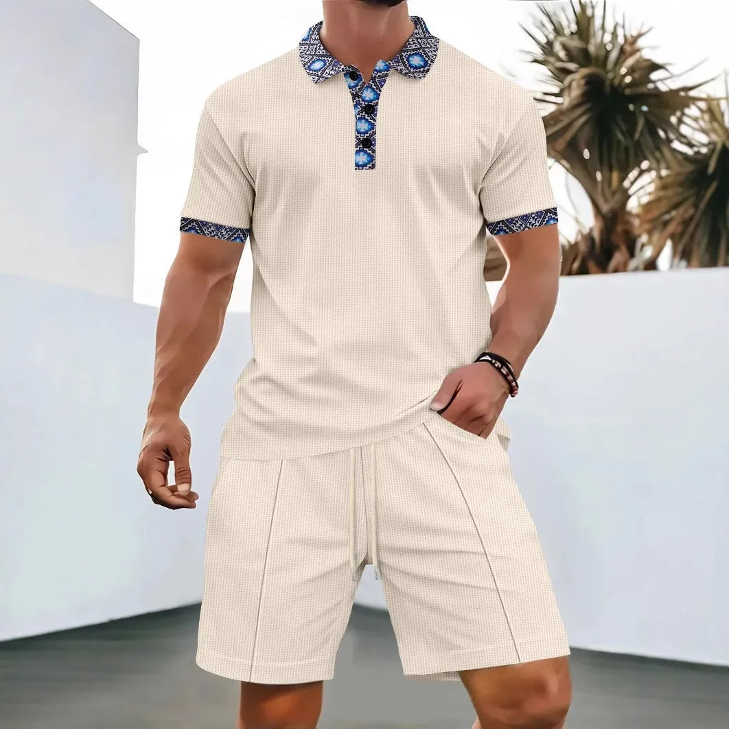Herren Fashion Zweiteiler: Komfortables Kurzarmshirt & Shorts mit Strukturmuster, stilvoll für den Sommer.