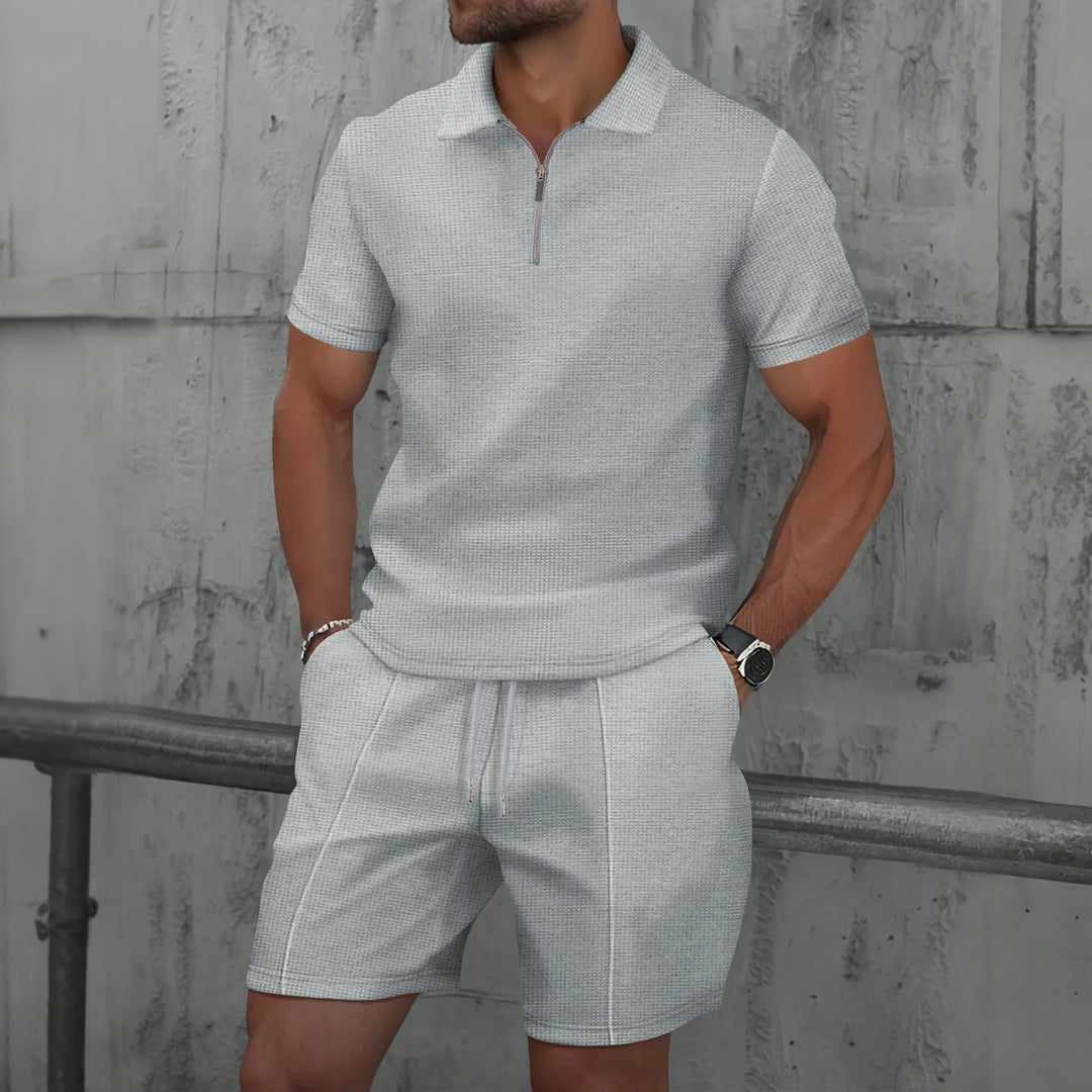 Herren Freizeit Anzug mit Strukturmuster: Atmungsaktives Kurzarmshirt & Shorts für entspannte Sommertage.