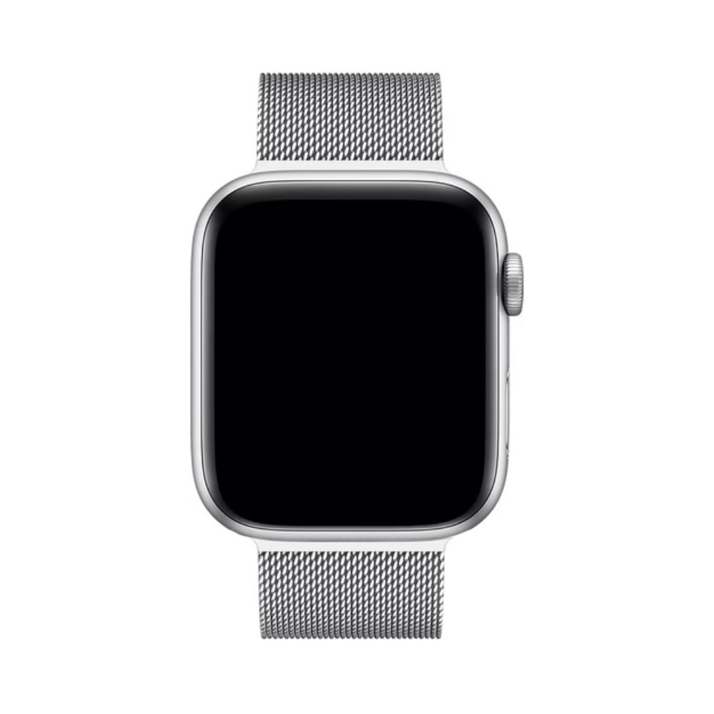 Silbernes SteelFlex Apple Watch Armband, langlebig, atmungsaktiv und modern.