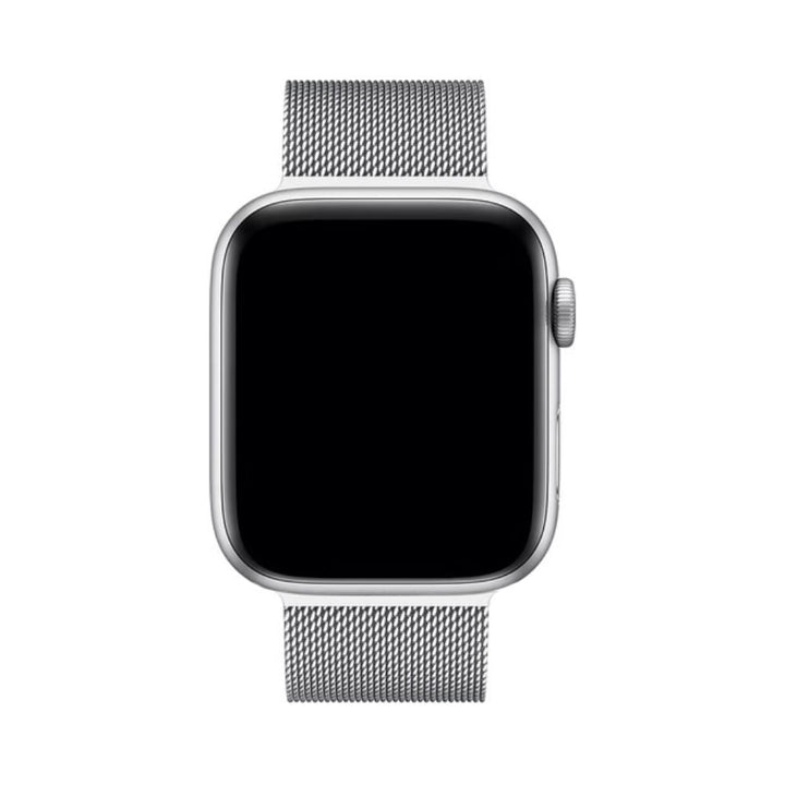 Silbernes SteelFlex Apple Watch Armband, langlebig, atmungsaktiv und modern.