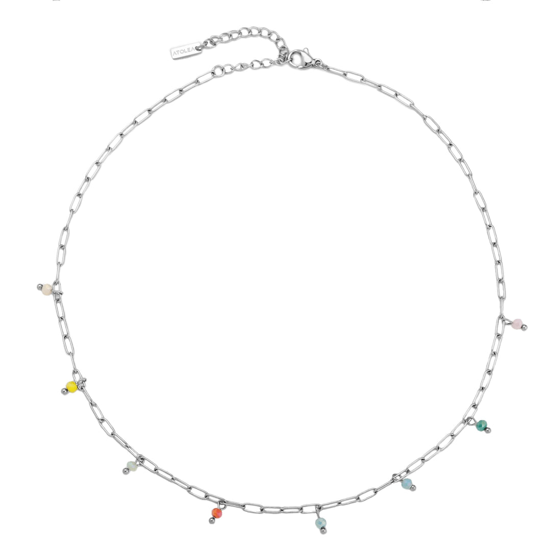 Stylische Damenhalskette: Verstellbarer Choker aus 18K PVD Edelstahl in Silber, mit lebendigen bunten Anhängern.