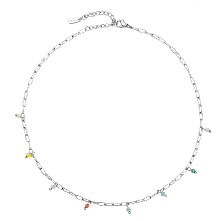 Stylische Damenhalskette: Verstellbarer Choker aus 18K PVD Edelstahl in Silber, mit lebendigen bunten Anhängern.