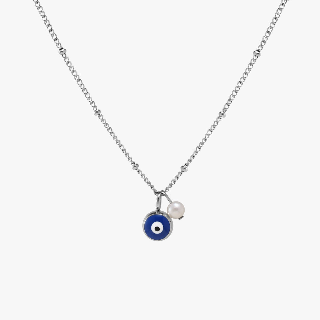 Lange goldene Damenhalskette mit Nazar Auge Anhänger & Süßwasserperle, perfekt als Layering-Schmuck.