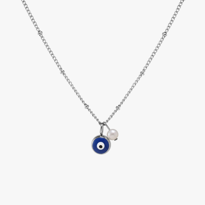 Lange goldene Damenhalskette mit Nazar Auge Anhänger & Süßwasserperle, perfekt als Layering-Schmuck.