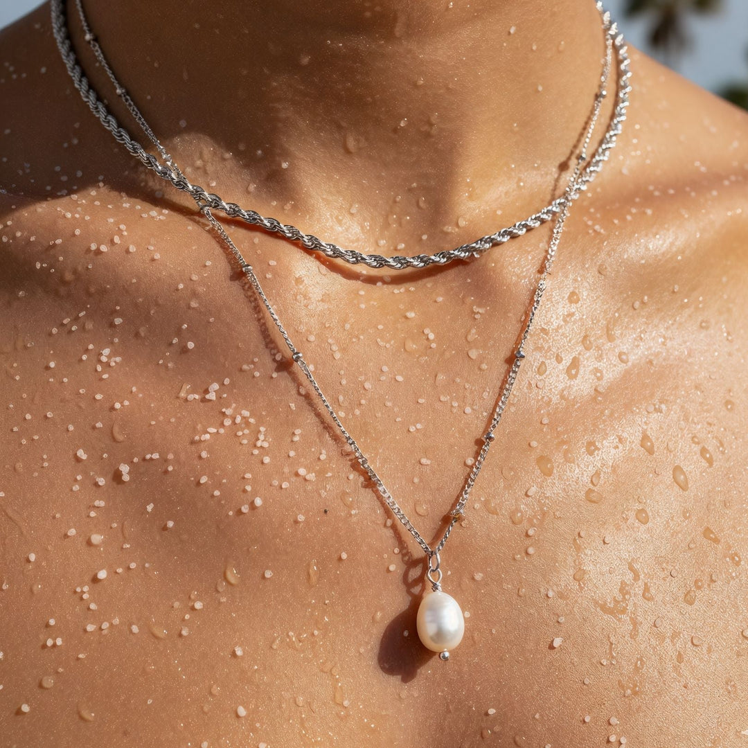 Modernes Damen Perlenketten Set: Wasserfeste Silber Rope Kette und Barockperlen Kette – perfekt für jeden Anlass.