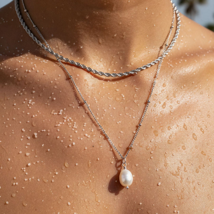 Modernes Damen Perlenketten Set: Wasserfeste Silber Rope Kette und Barockperlen Kette – perfekt für jeden Anlass.