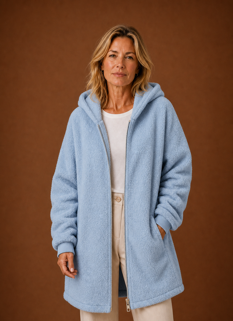 Bequeme Damen Freizeitjacke, lang, warm & mit Kapuze, perfekt für den Herbst.