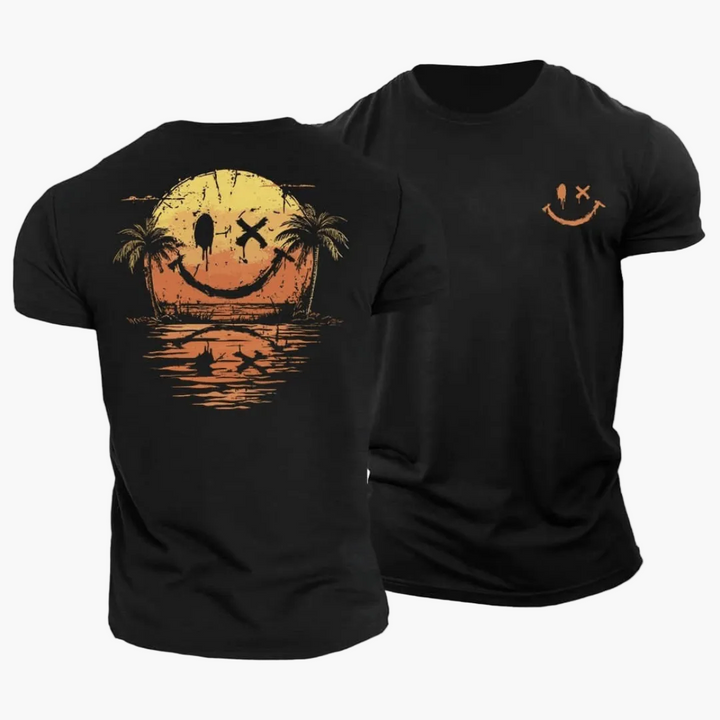 Stylisches Herren Retro T-Shirt mit Surfer-Motiv und Palmen-Print; perfektes Sommer Outfit für den Urlaub.