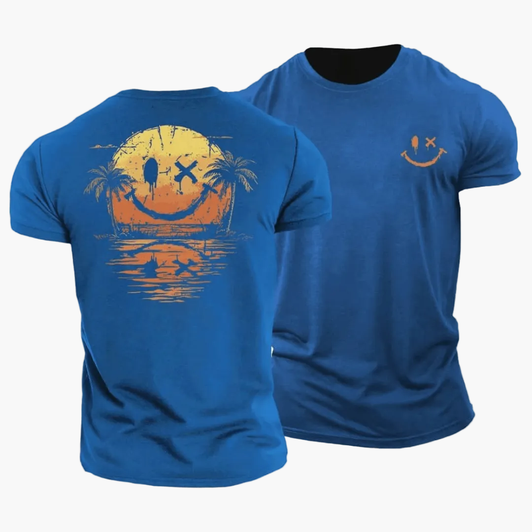 Herren T-Shirt im Vintage Surfer-Stil mit gelbem Smiley & Palmen-Design; perfekt für Sommer, Strand & Urlaub.