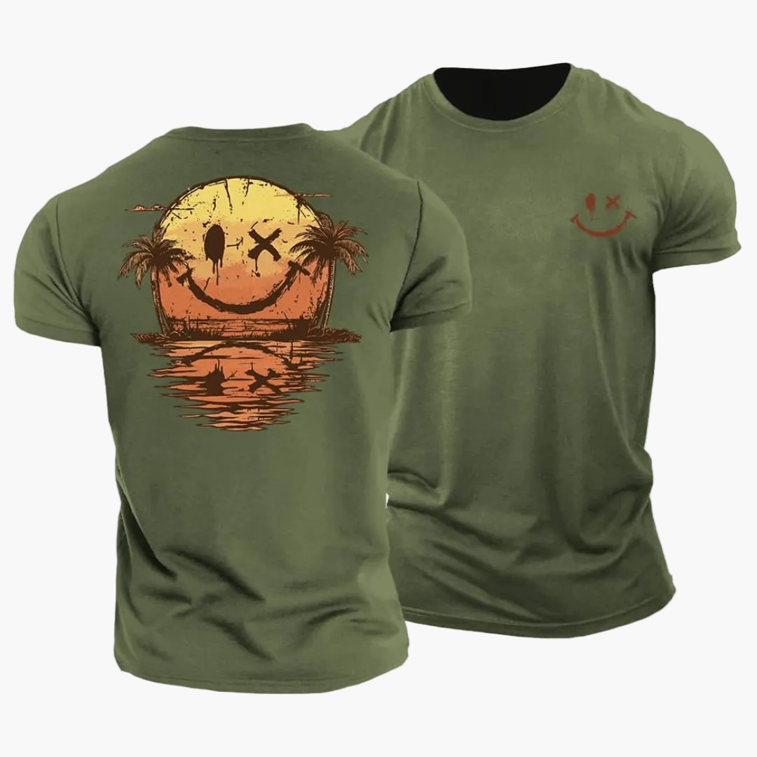 Retro Herren T-Shirt mit lässigem Smiley, Surfer-Motiv & Palmen; stylisches Freizeit Shirt für den Sommer.