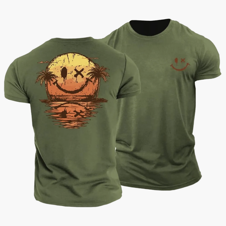 Retro Herren T-Shirt mit lässigem Smiley, Surfer-Motiv & Palmen; stylisches Freizeit Shirt für den Sommer.