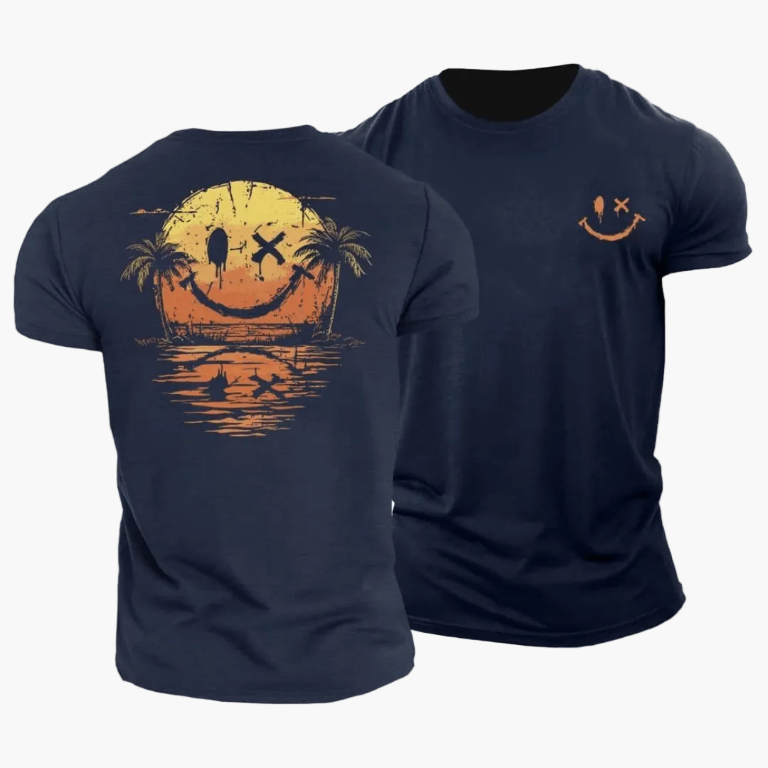 Lässiges Herren Smiley Shirt mit coolem Surfer & Palmen Design; ideal für Strandmode & Freizeit im Sommer.