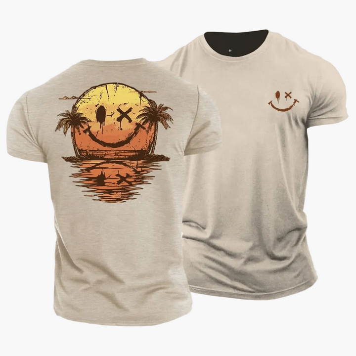 Herren Vintage T-Shirt mit gelbem Smiley, Surfer & Palmen; lässiges Retro Sommer Freizeit Shirt.