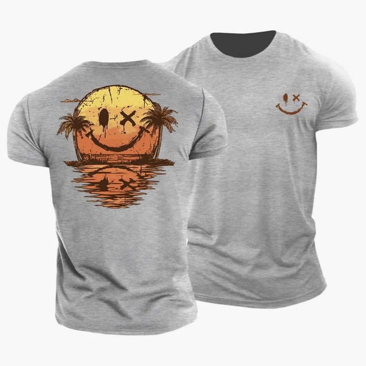Vintage Herren T-Shirt in Weiß mit gelbem Smiley, Surfer & Palmen; entspanntes Sommer Outfit für Herren.