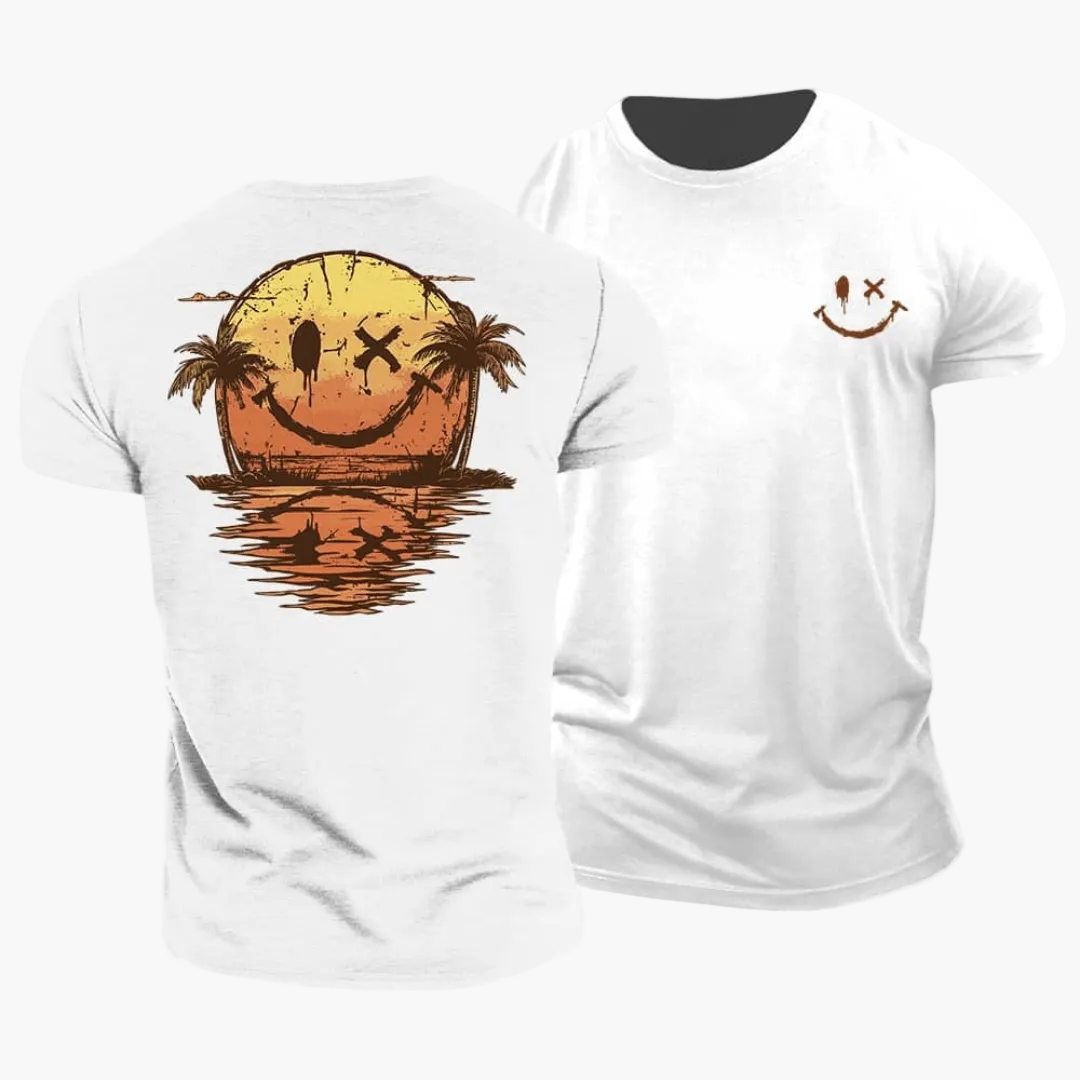 Detailaufnahme des Vintage Herren T-Shirts: Smiley, Surfer und Palmen für den angesagten Retro Sommer Look.