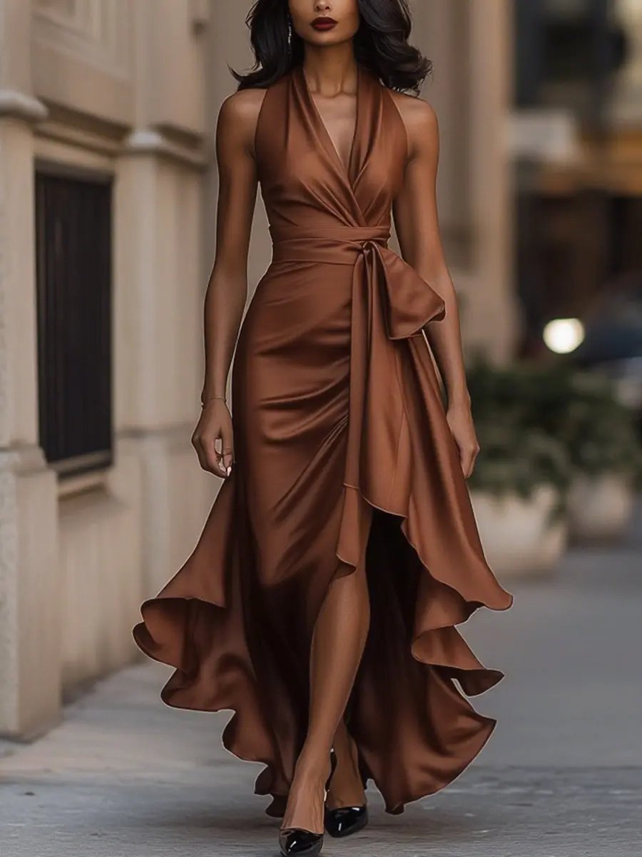 Langes, elegantes Damen Wickelkleid für Hochzeiten & Abendveranstaltungen. Festliches Maxikleid.