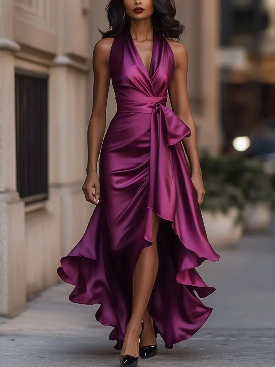 Fließendes Damen Wickelkleid in Bewegung. Ideales Partykleid für Hochzeitsgäste und besondere Anlässe.