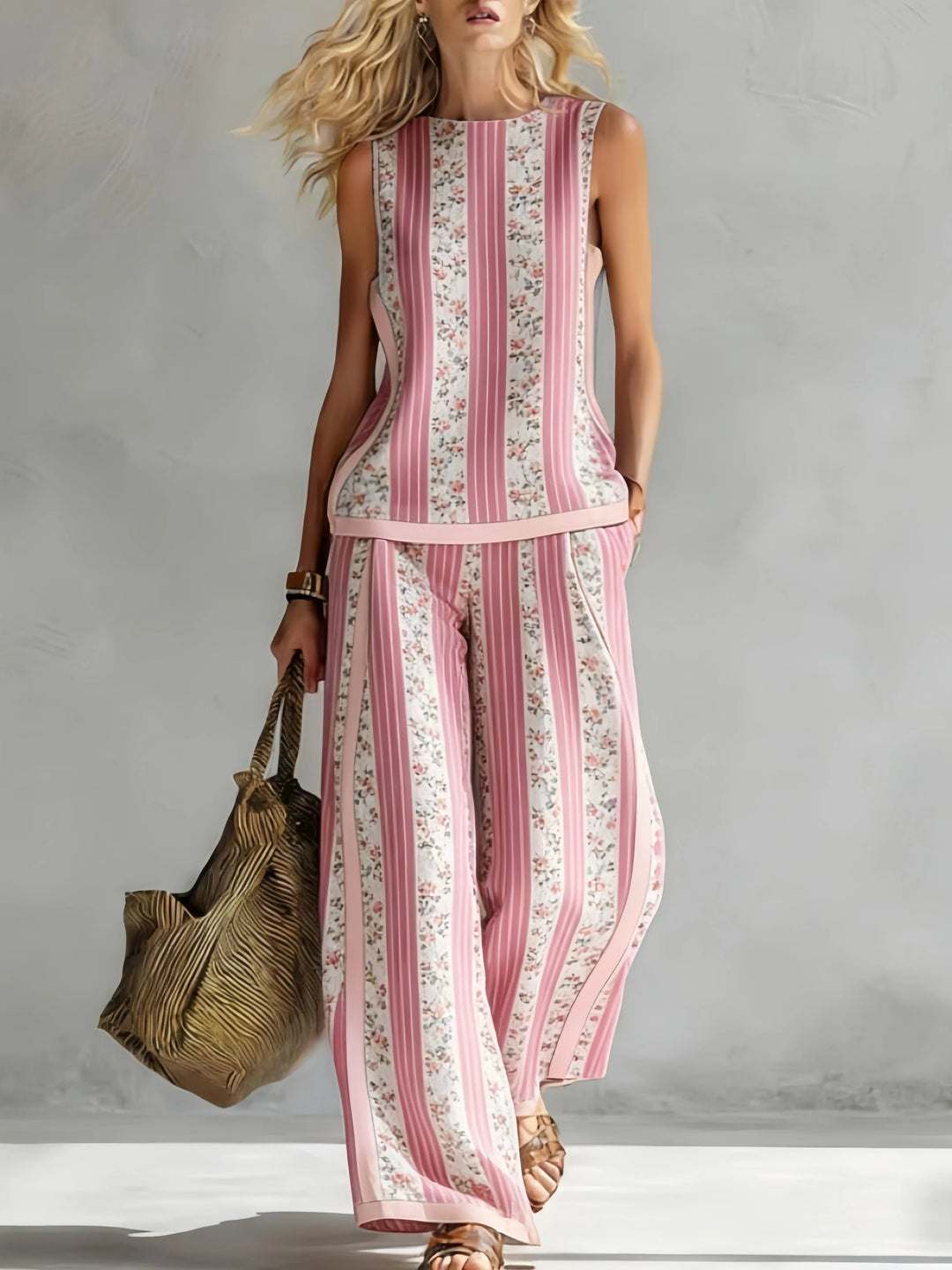 Luxuriöses Damen Bohemian Set: Fließendes Oberteil & weite Hose für elegante Sommerabende.