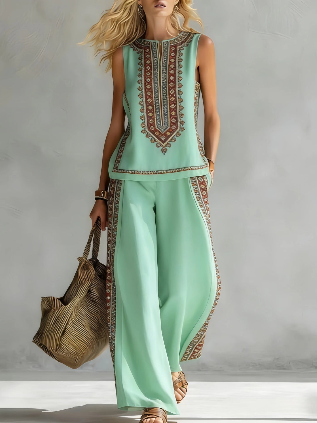 Damen Strand-Outfit: Luftiges, gemustertes Bohemian Top und weite, bequeme Sommerhose.