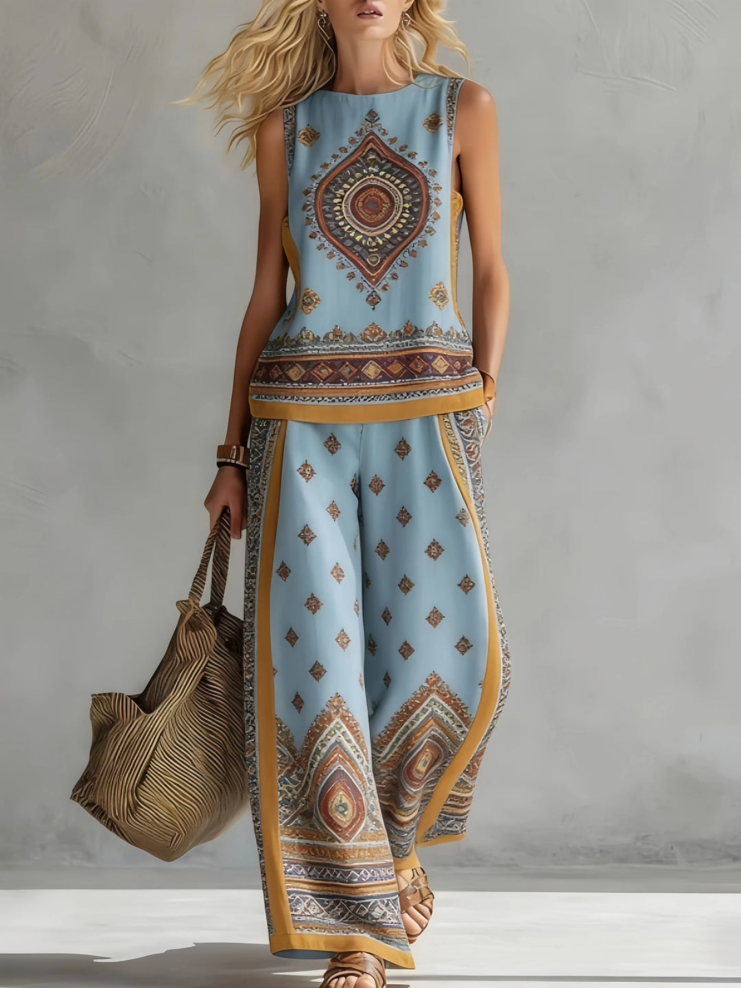 Stilvolles Damen Sommer Set: Gemustertes Bohemian Top und bequeme weite Freizeithose.