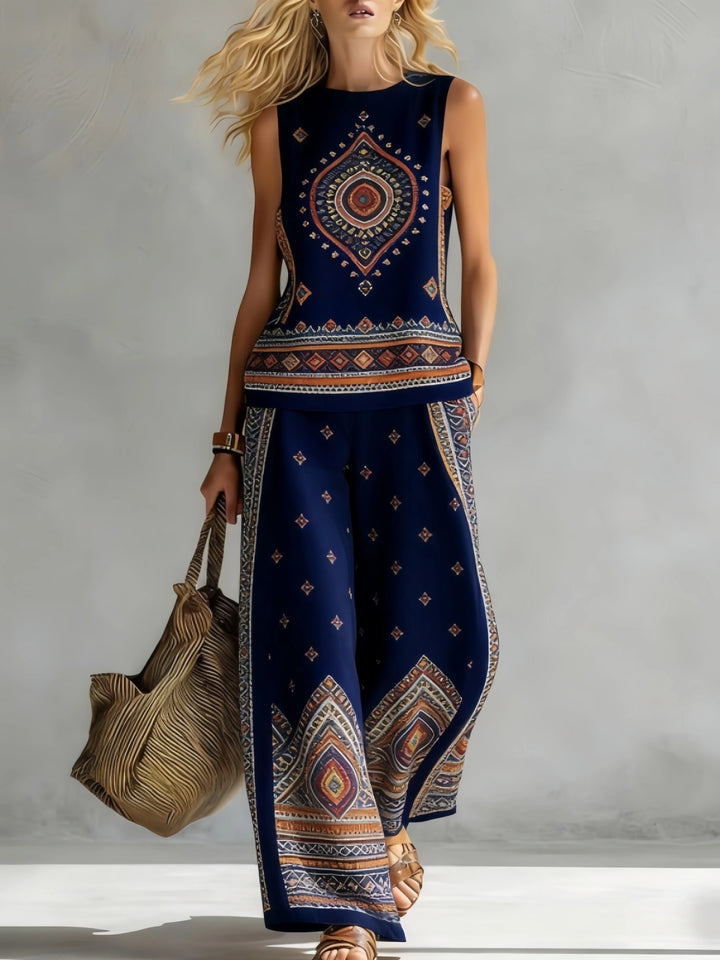 Trendiges Damen Sommer Set: Luftiges Boho Top & weite, gemusterte Hose für Strandtage.