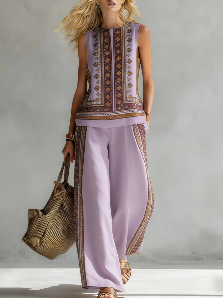 Elegant-luftiges Damen Bohemian Set: Kurzes Top und weite Hose, perfekt für warme Tage.