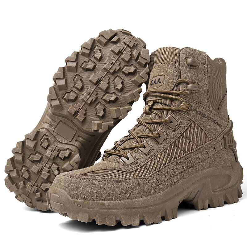 Taktische Arbeitsstiefel in Braun, wasserdicht & durchtrittsicher, im Praxiseinsatz.