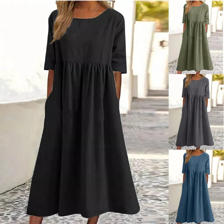 Damen Rundhals Kleid mit Kurzarm und praktischen Taschen, locker geschnitten für Alltag & Freizeit.