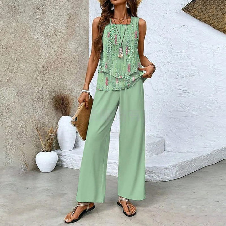 Komfortables Damen Zweiteiler Outfit mit fließender weiter Hose & ärmellosem Top, Blattdesign.