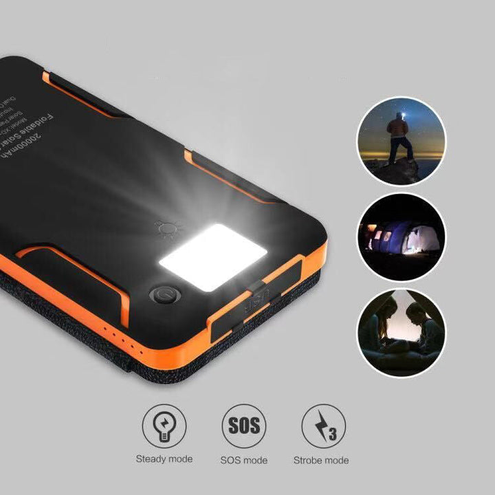 Leistungsstarke Solar Powerbank mit 4 faltbaren Panels. Lädt Handys & Gadgets schnell unterwegs. Ideal für Reisen.