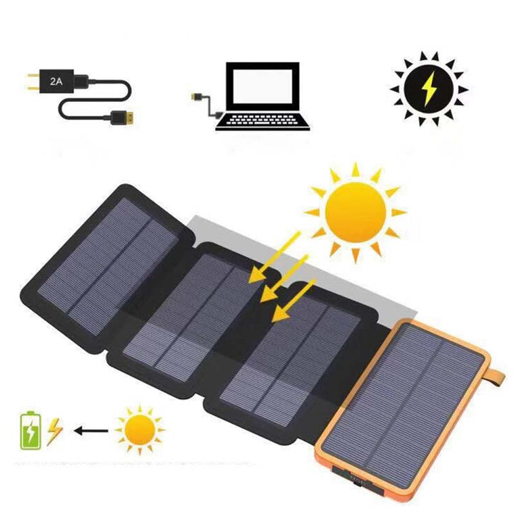 Robuste Solar Powerbank für Camping. Lädt Handys mit 4 Solarpanels & 3 USB-Anschlüssen. Notfall-Energie für Outdoor.