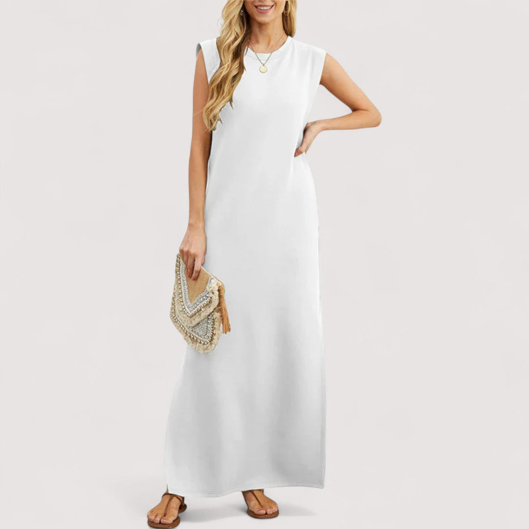 Bequemes Damen Maxikleid mit fließendem Stoff und ärmellosem Design. Ideales Sommerkleid in A-Linie für Freizeit.