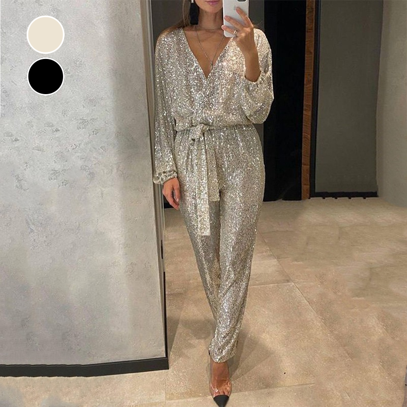 Eleganter Damen Pailletten Jumpsuit in Gold & Schwarz, perfekt für festliche Anlässe und Party.