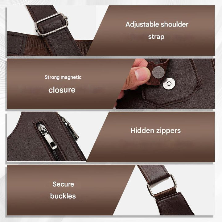 Braune diebstahlsichere Umhängetasche für Herren, ShadowCarry Pro, stilvoll & sicher für Business & Freizeit.