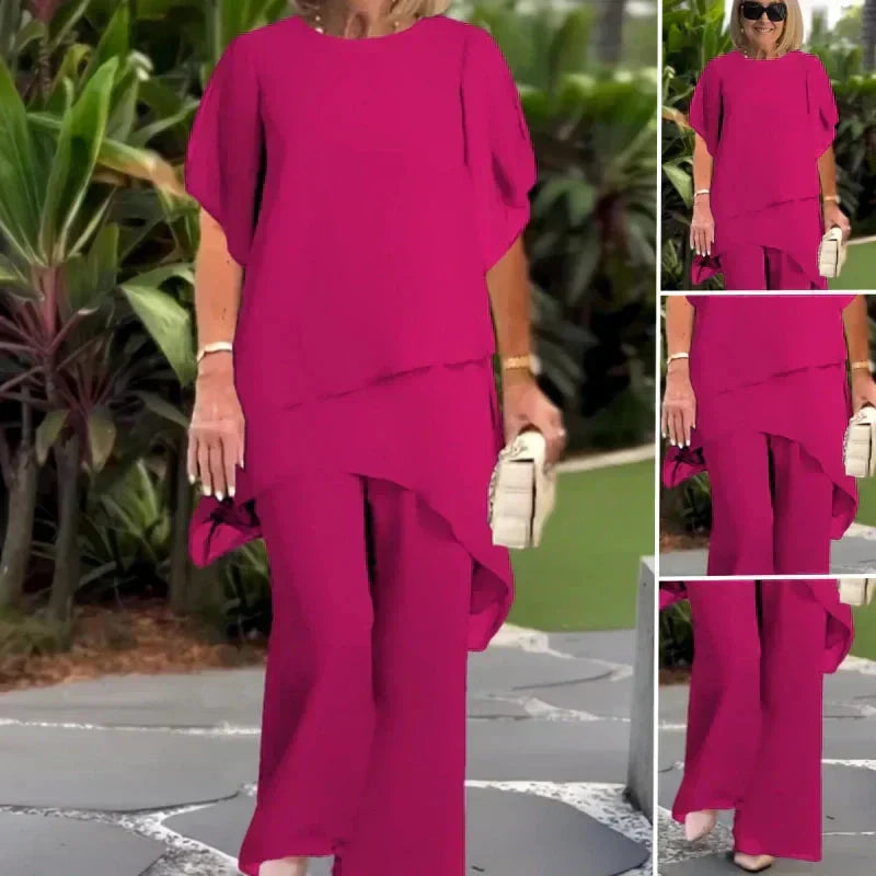 Komplettes Damen Ensemble Fuchsia, schickes Top & Hose Set. Alltagstauglicher Zweiteiler für Business & Freizeit.