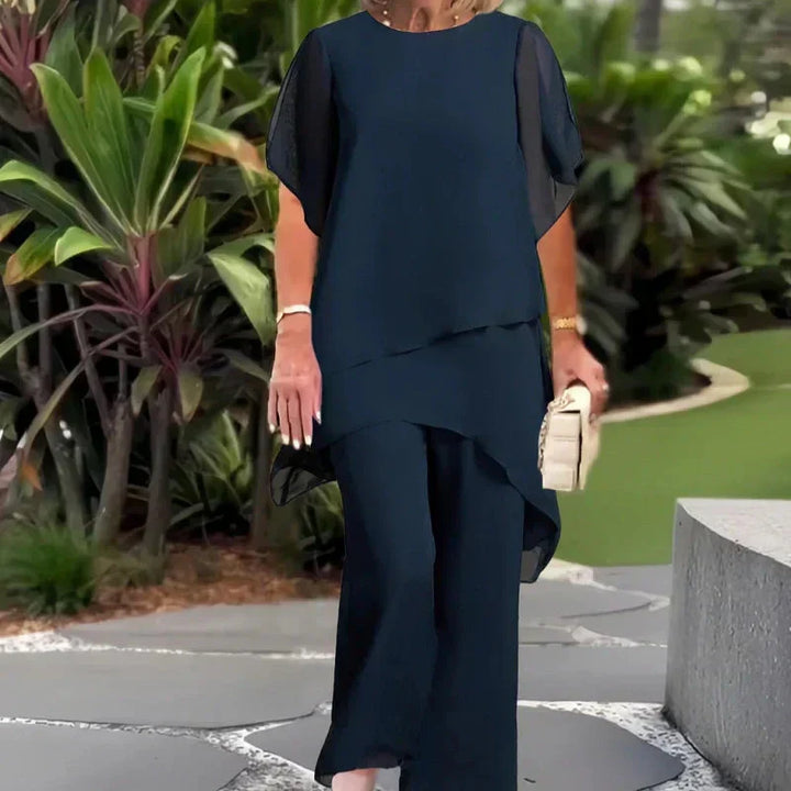Damen Ensemble Zweiteiler Marineblau, elegantes Top & Hose Set. Ideal für Business & Freizeit, komfortable Mode.