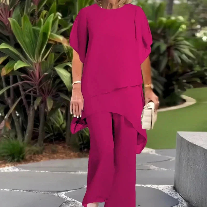Elegantes Damen Set Marineblau & Fuchsia, Top & Hose Zweiteiler. Komfortabel, alltagstauglich für Business & Freizeit.