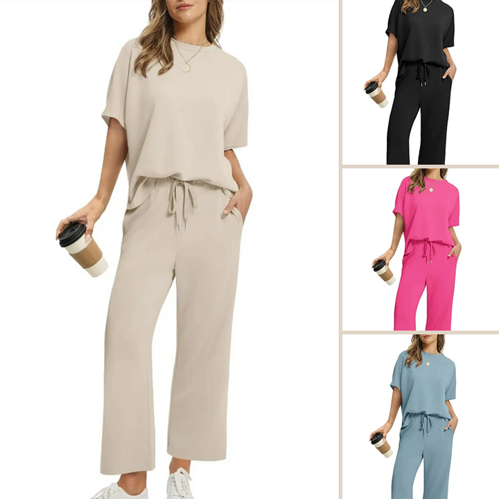 Damen Zweiteiler Set: lockeres Top & bequeme Hose, elastisch, minimalistisch, perfekt für Freizeit & Alltag im Sommer.