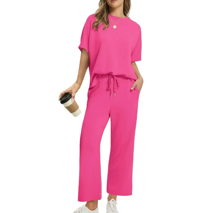 Vielseitiges Damen Zweiteiler Set (Top & Hose) in neutraler Farbe. Elastisch, locker und bequem für Alltag & sommerliche Anlässe.