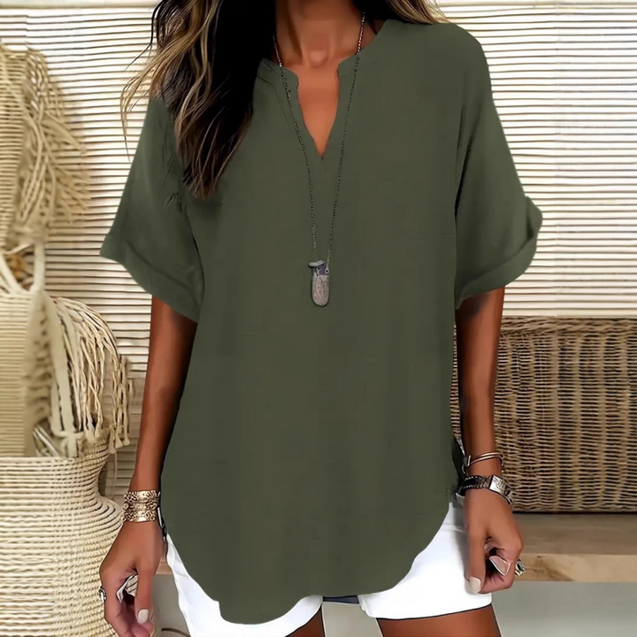 Modische Damen Sommerbluse, V-Ausschnitt Tunika im Freizeit-Look. Vielseitig kombinierbar.