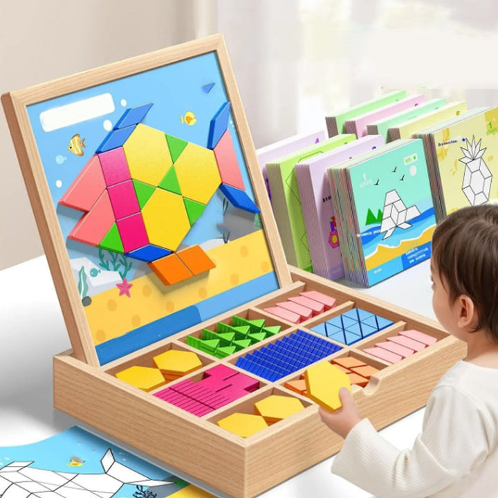 MagniPlay Lernspiel-Set: Magnetische Holzblöcke in verschiedenen Formen & Farben für kreatives Bauen & Lernen.