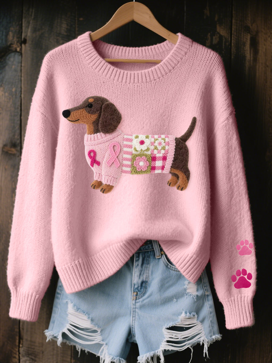 Damen Strickpullover mit Dackel-Filzdesign, kuschelig & bequem. Ideal für Wintermode.