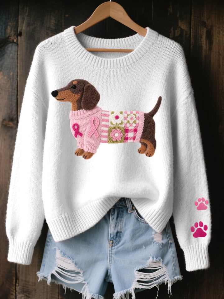 Damen Pullover mit einzigartigem Dackel-Tier-Motiv aus Filz. Kuscheliger Strickpullover für den Alltag.