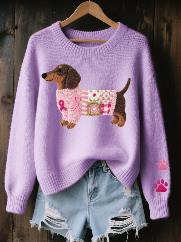 Warmer Damen Strickpullover mit charmantem Dackel-Filzdesign. Bequemer Langarmpullover für die Winterzeit.