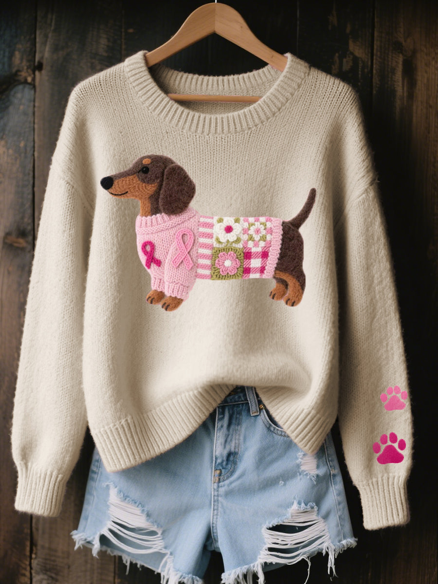 Kuscheliger Damen Strickpullover mit süßem Dackel Tier-Motiv (Filzdesign). Ideal als Geschenk & Freizeitpullover.