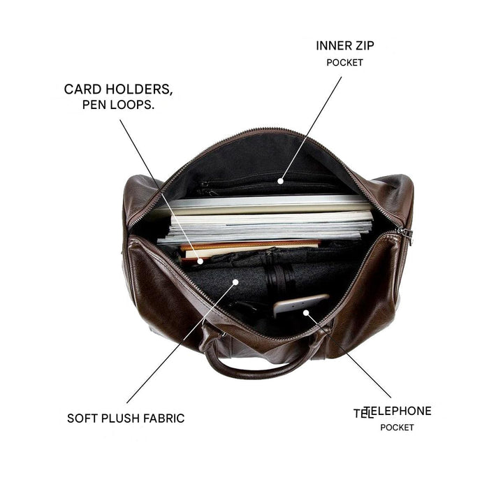 Premium braune Leder Reisetasche, robust, mit viel Platz, stilvolles Handgepäck für den Reisenden.