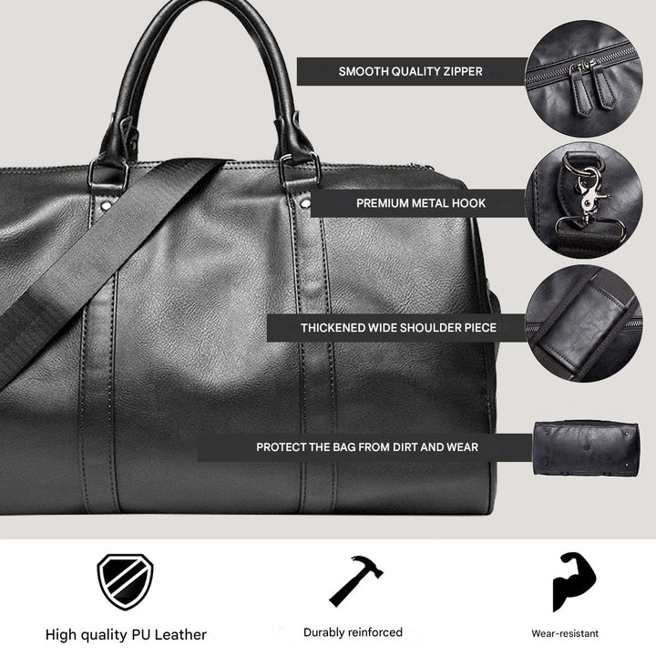 Schwarzer Leder Weekender, unisex, groß & langlebig, praktisches Reisegepäck für kurze Städtetrips.