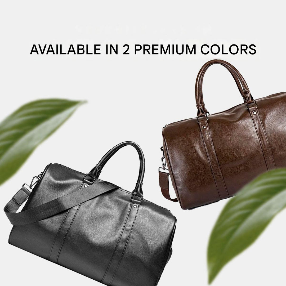 Geräumige schwarze Leder-Reisetasche, robust und praktisch, vielseitig als Reise- oder Sportgepäck.