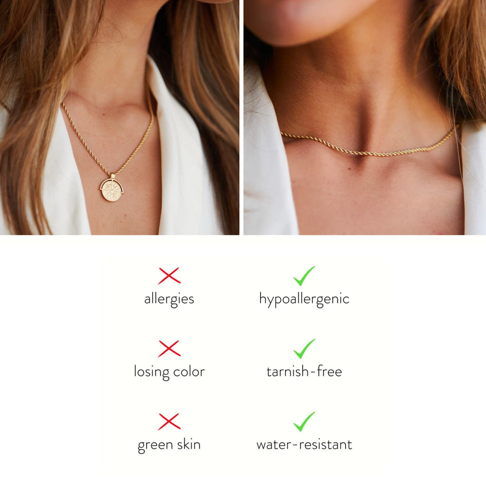 Layering Goldketten Set für Damen: Wasserdichte Sonnenkette & Rope Chain aus PVD beschichtetem Edelstahl.